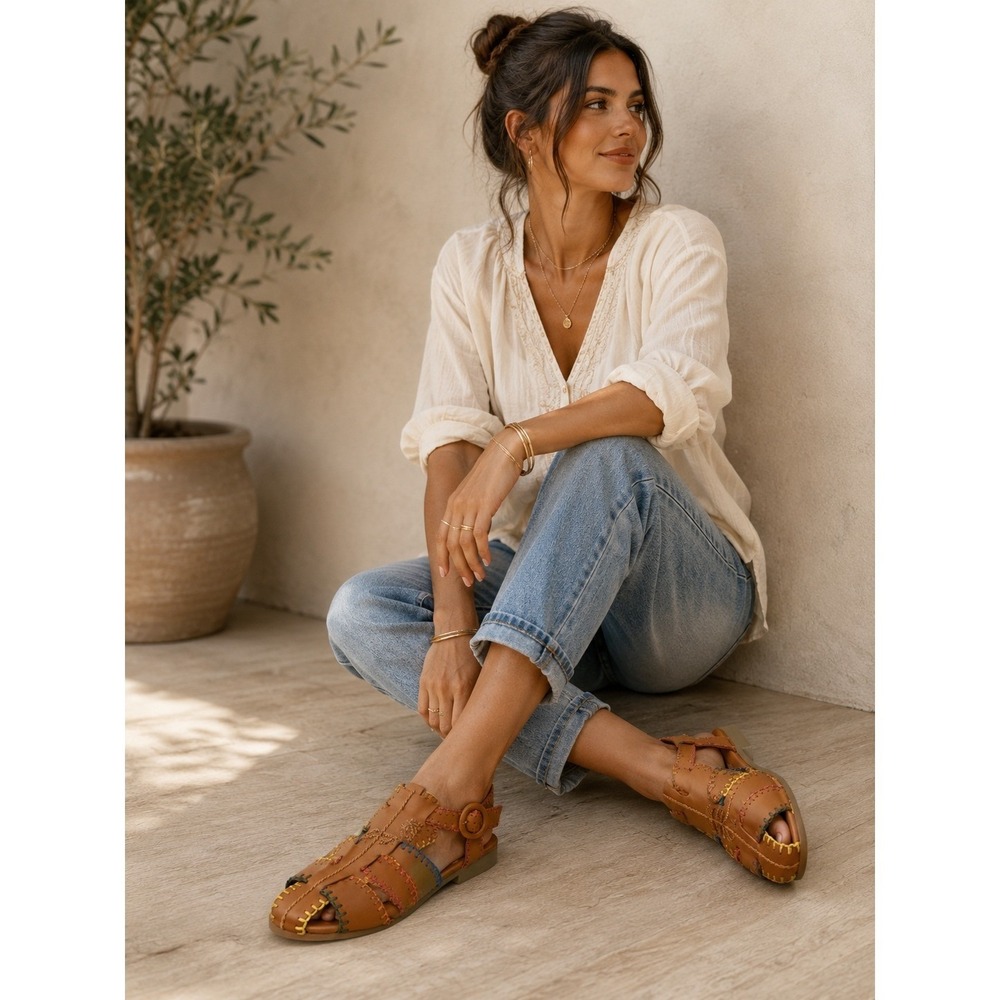 Farm Rio Womens Brown Leather Multi Color Whipstitch Fisherman Sandals 304658